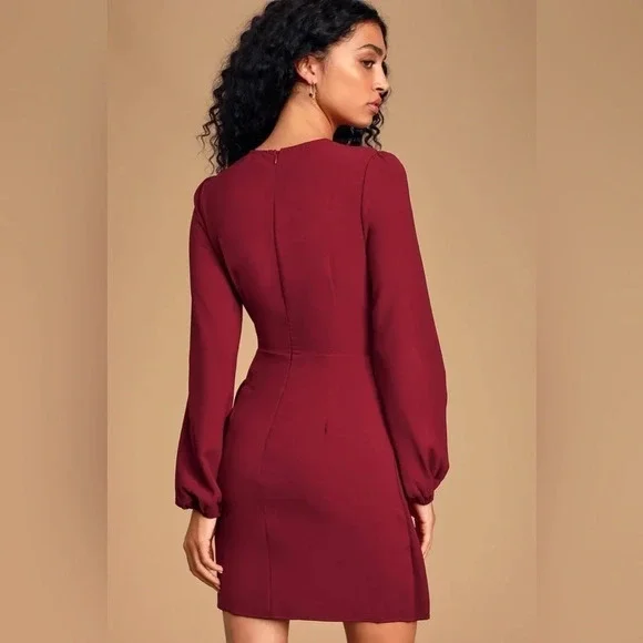 Lulus Believe It or Knot Wine Red Long
Sleeve Tie-Front Skater Dress - Picture 2 of 7